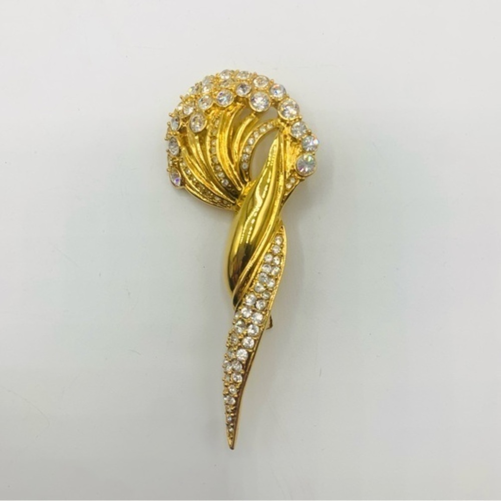 Vintage Monet Gold Rhinestone Swirl Brooch Pin Abstract